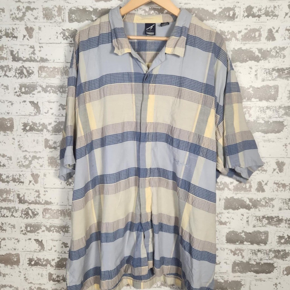 Karl Kani Men 4XL Button Down Shirt Blue Plaid Checkered Casual‎ Short Sleeve